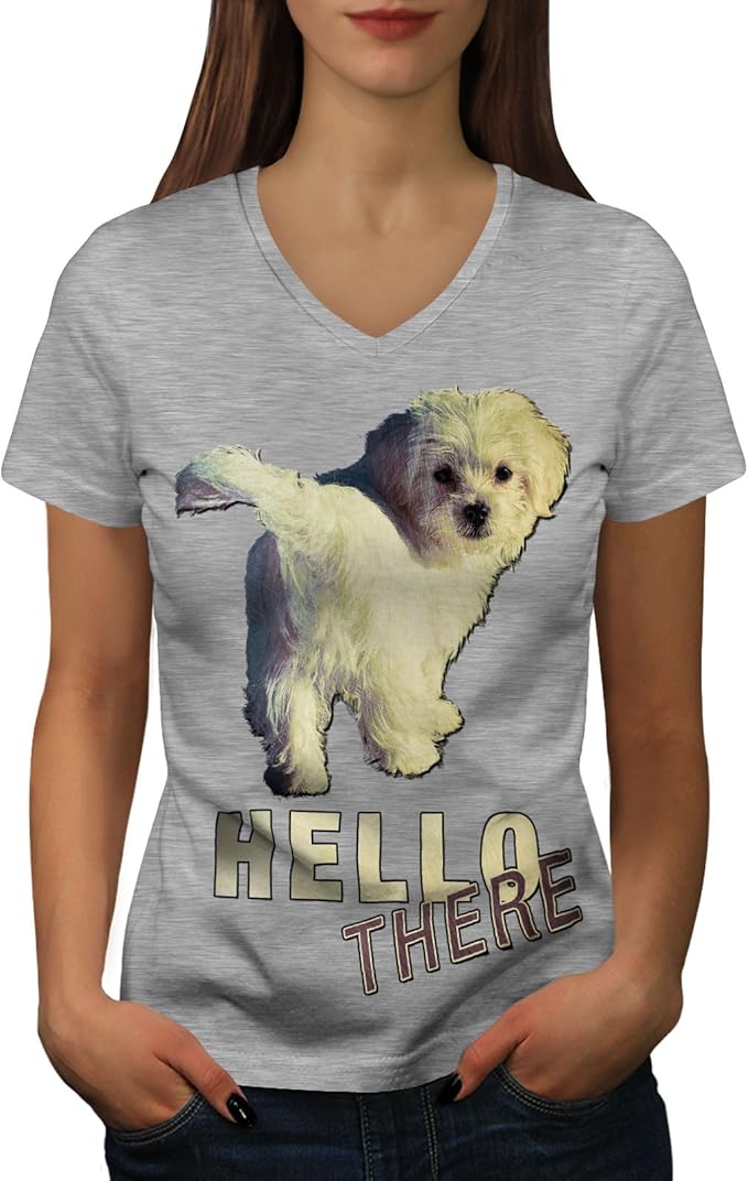 wellcoda Hallo Niedlich Hund Scherz Komisch Frau VAusschnitt TShirt