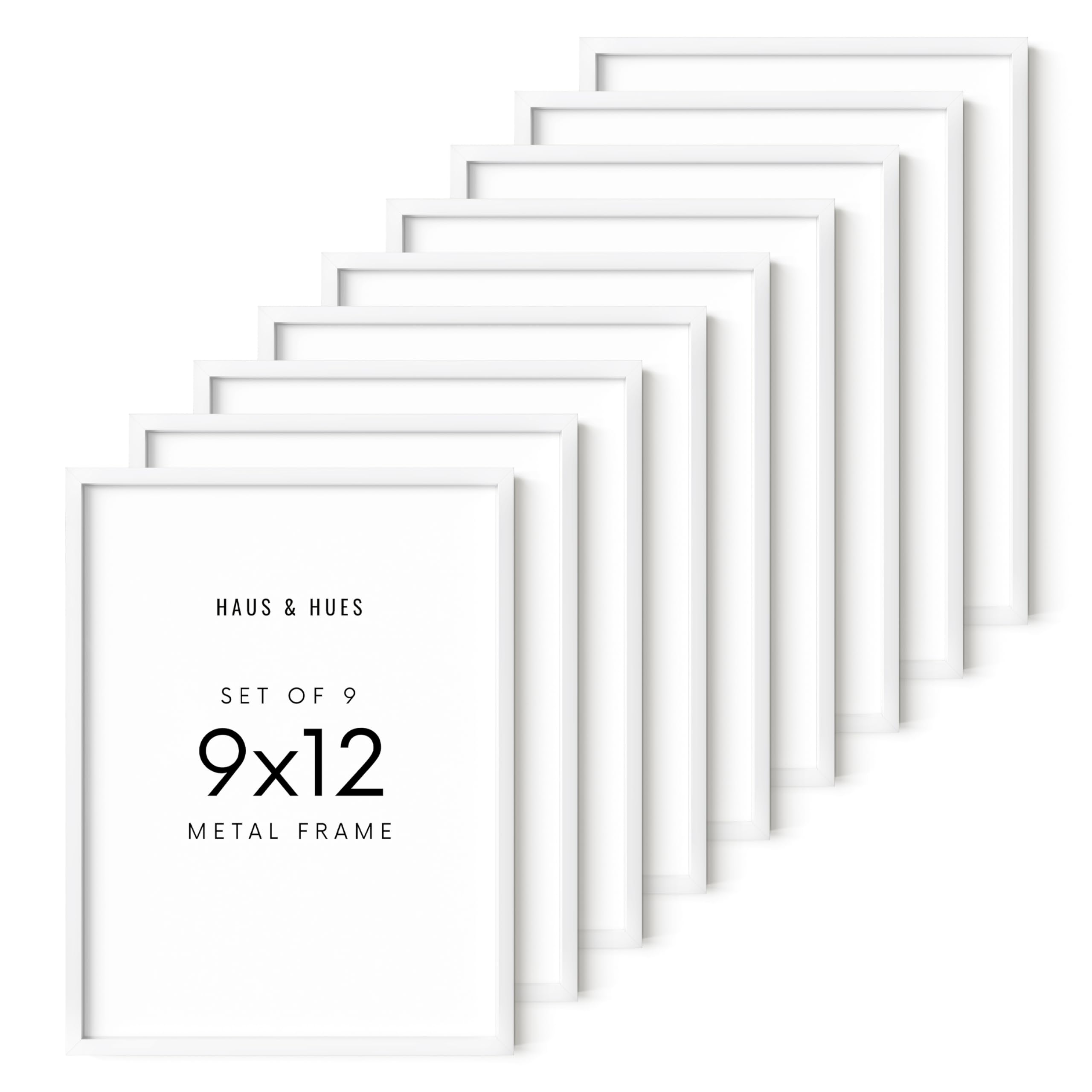 HAUS AND HUES 9x12 White Aluminum Frame Set of 9 - Vertical & Horizontal Hanging, Shatterproof Plexiglass (9x12 in, White)