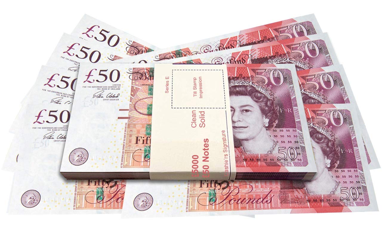 Prop Money Cash - £50 Note Stacks for Pranks & Movies - Fake 50 Notes for Casino, Photo Booth Play