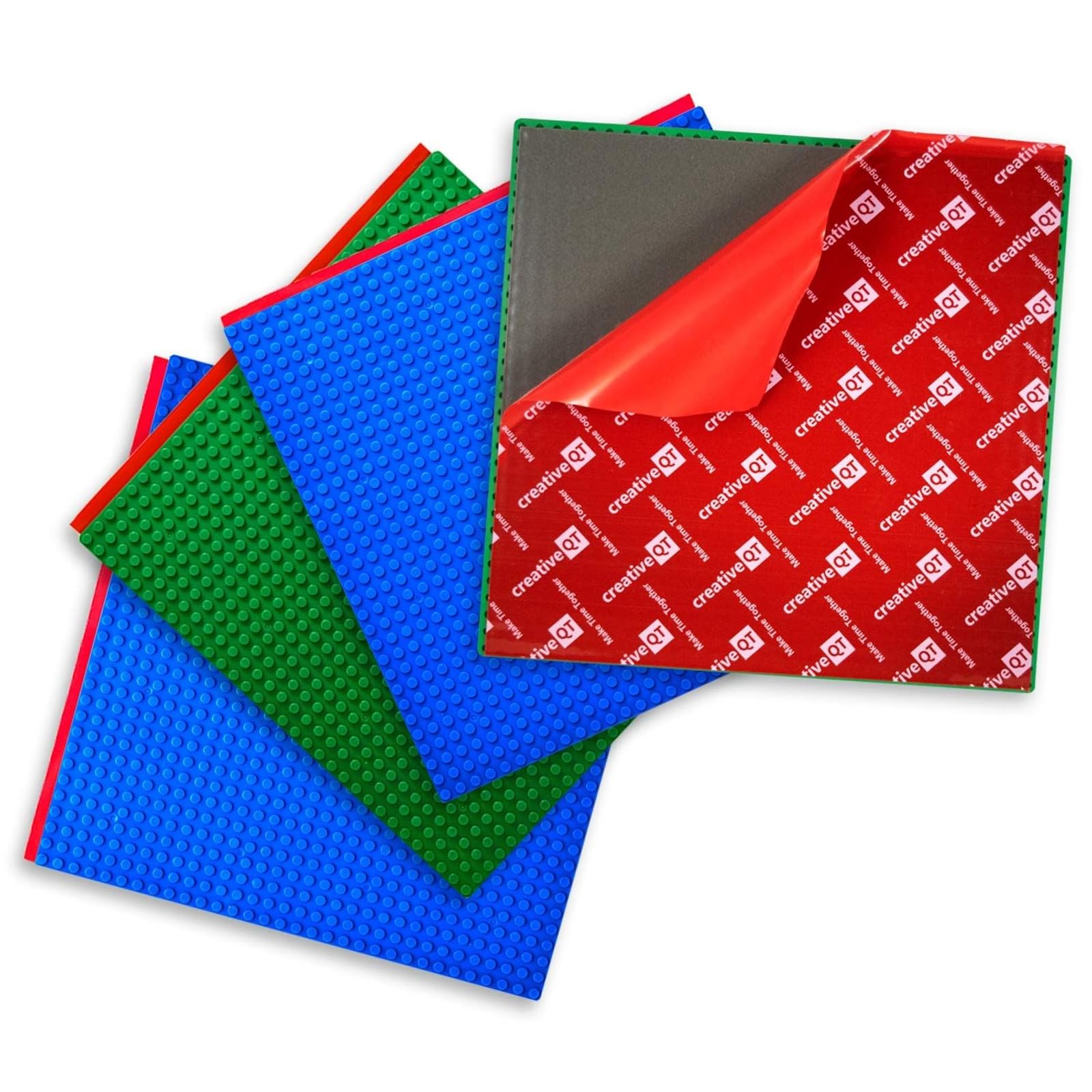 Creative QT MakerBase - Peel-and-Stick Building Blocks Baseplates 10”x10” for All Major Brands of Toy Building Sets, Sturdy Stacking Blocks Table Base, Building Bricks Play Table Top, Green/Blue