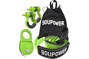 BOUPOWER Off Road Winch Recovery Kit, 10 Ton Heavy Duty Snatch Block Pulley with 3" x8' Tree Saver Strap and 2Pcs 3/4" D Ring Shackles, Winching Accessories for Truck Car SUV ATV Green