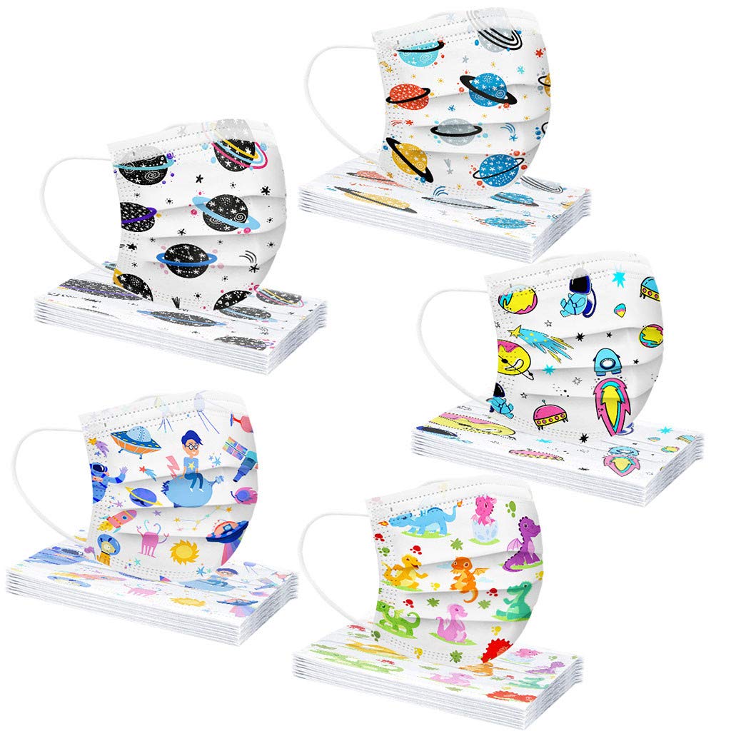 3 Ply Non-Woven and Breathable, Cute Cartoon 50Pcs Face+Bandanas with Cute Printing, No Washable,Anti-Haze Dust, for Kids