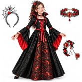 BLmukce Girls Vampire Costume, Vampiress Dress with Headpiece, Necklace and Bracelet, Halloween Cosplay Outfit for Kids