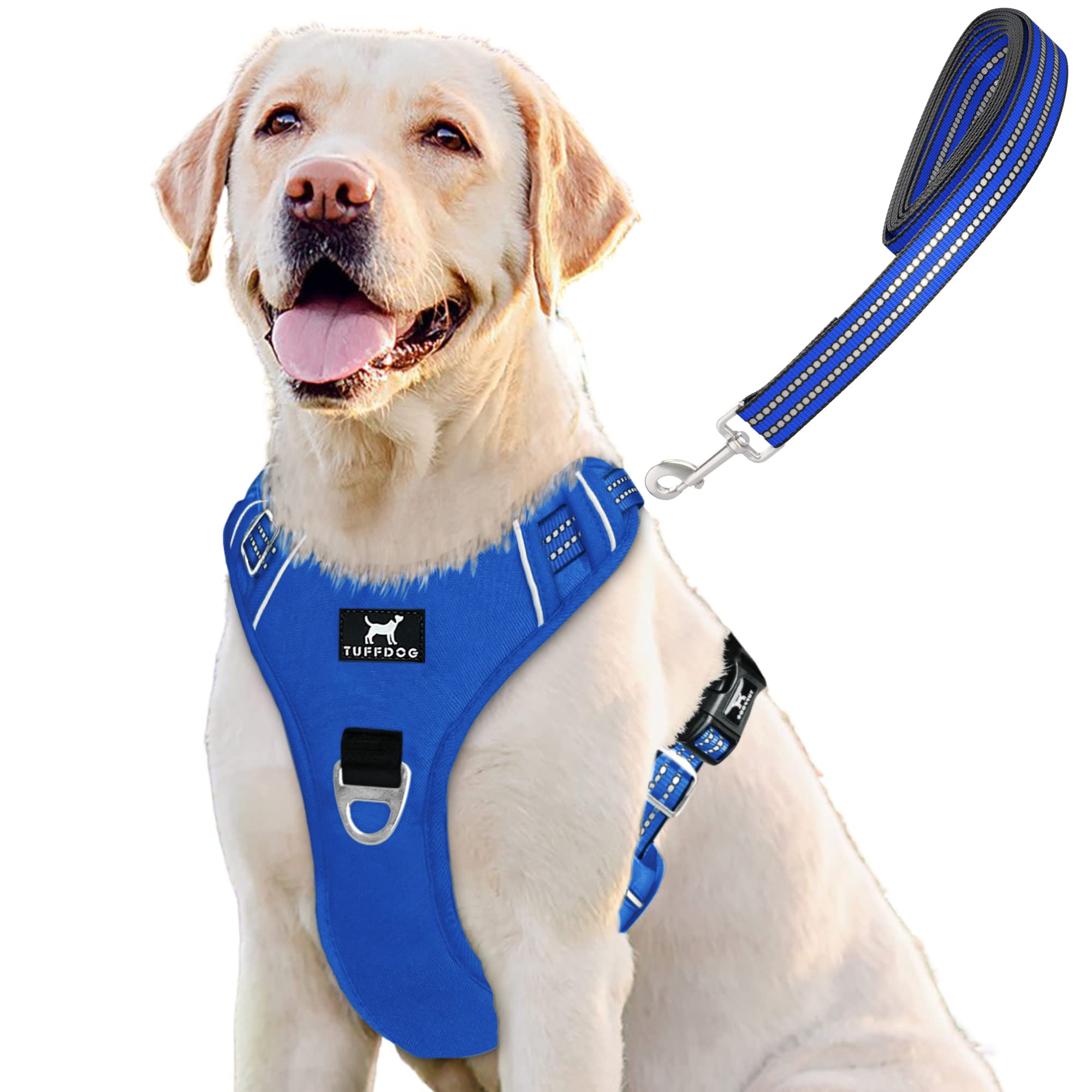 TUFFDOG Easy-Fit Dog Harness - Fast Release Neck Clip, Premium Padded Reflective No Pull Harness with Control Handle, Adjustable Step-in Dog Vest Plus Free Matching Lead (XL, Royal Blue)