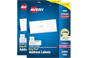 Avery Easy Peel Printable Address Labels with Sure Feed, 1" x 2-5/8" Customizable Stickers, White, 1,500 Blank Mailing Labels, Great for Mailing, Shipping, and More (2-Pack of 5260)