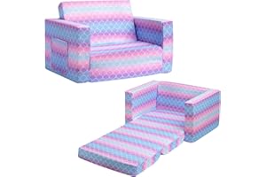 ALIMORDEN 2-in-1 Flip Out Comfy Toddler Couch, Lovely Kids Chair Convertible Sofa to Lounger for Story/Nap Time, Mermaid Scale