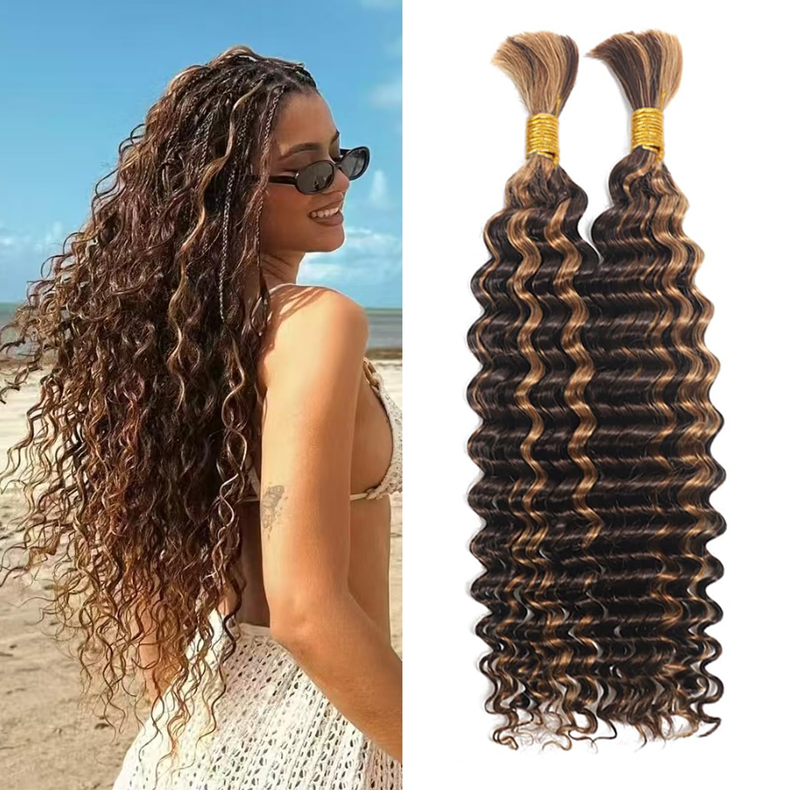 LPARMJIT Deep Wave Bulk hair for Braiding 18 inch 2 Bundles/Pack No Weft for Braiding Wavy Synthetic Braiding Hair Extensions for Boho Braids (P4/27, 24inch(1pack))