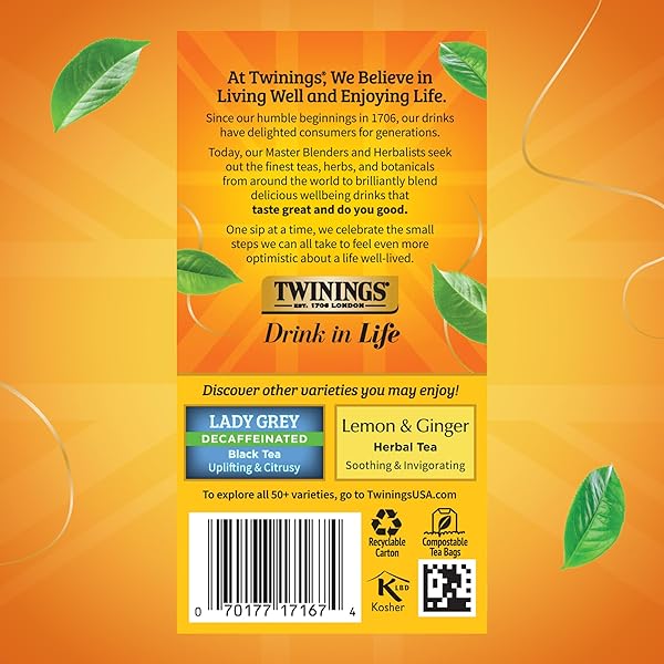TWININGS DECAFFEINATED EARL GREY BLACK TEA INDIVIDUALLY WRAPPED BAGS, 20 COUNT (PACK OF 1), FLAVOURED WITH CITRUS AND BERGAMOT, ENJOY HOT OR ICED, 20 TEABAGS