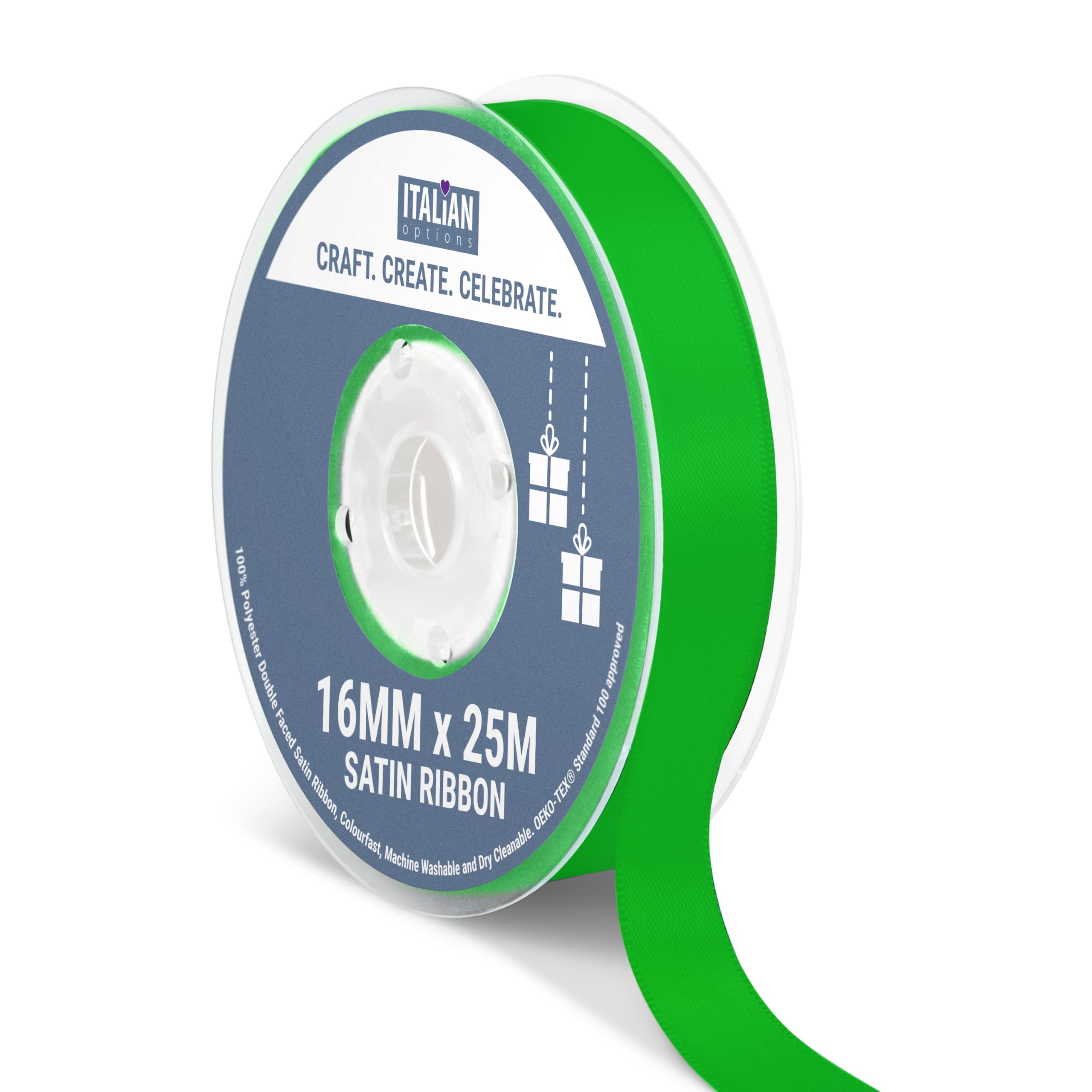 Italian Options Satin Ribbon, Fabric Ribbons for Gift Wrapping, Crafting, Balloons, Wedding Car, Presents, Cake, Christmas, Birthday, Gift Wrap Accessories, 16mm Wide x 25 Metre Roll, Emerald