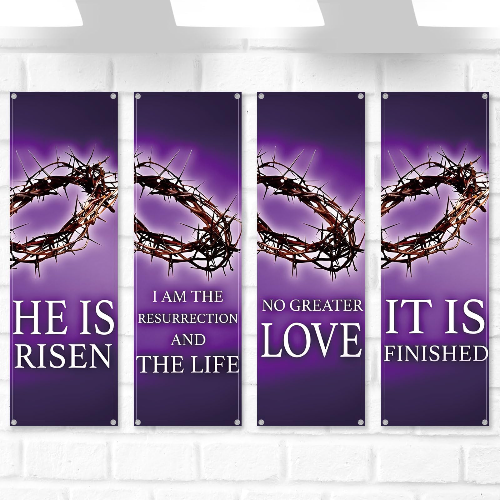 Photo 1 of Hosuly 4 Pcs Easter Church Banners with Scripture Purple Easter Religious Banner for Sanctuary Wall Worship Bible Verse Crown of Thorns Religious Praise Hanging Signs for Church Event Decor