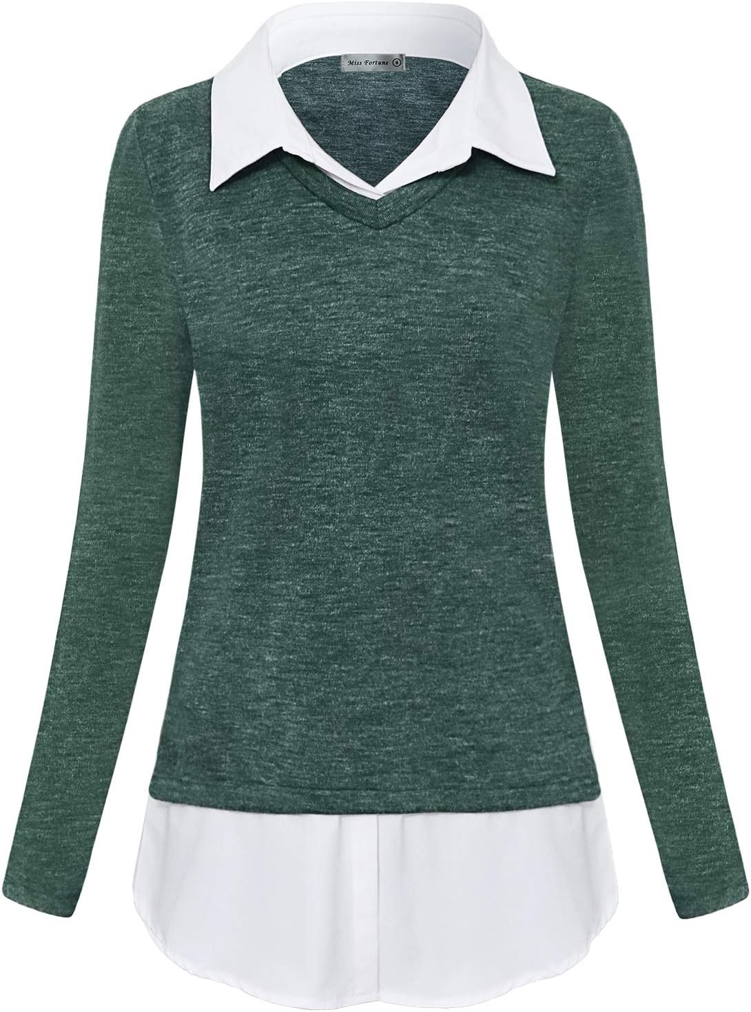MISS FORTUNEWomen's V-neck Contrast Collar Shirt 2 in 1 Long Sleeve Work Shirt for Women Office Wear Tops and Blouses Prime Clothing Petite(Dark Green, Small)