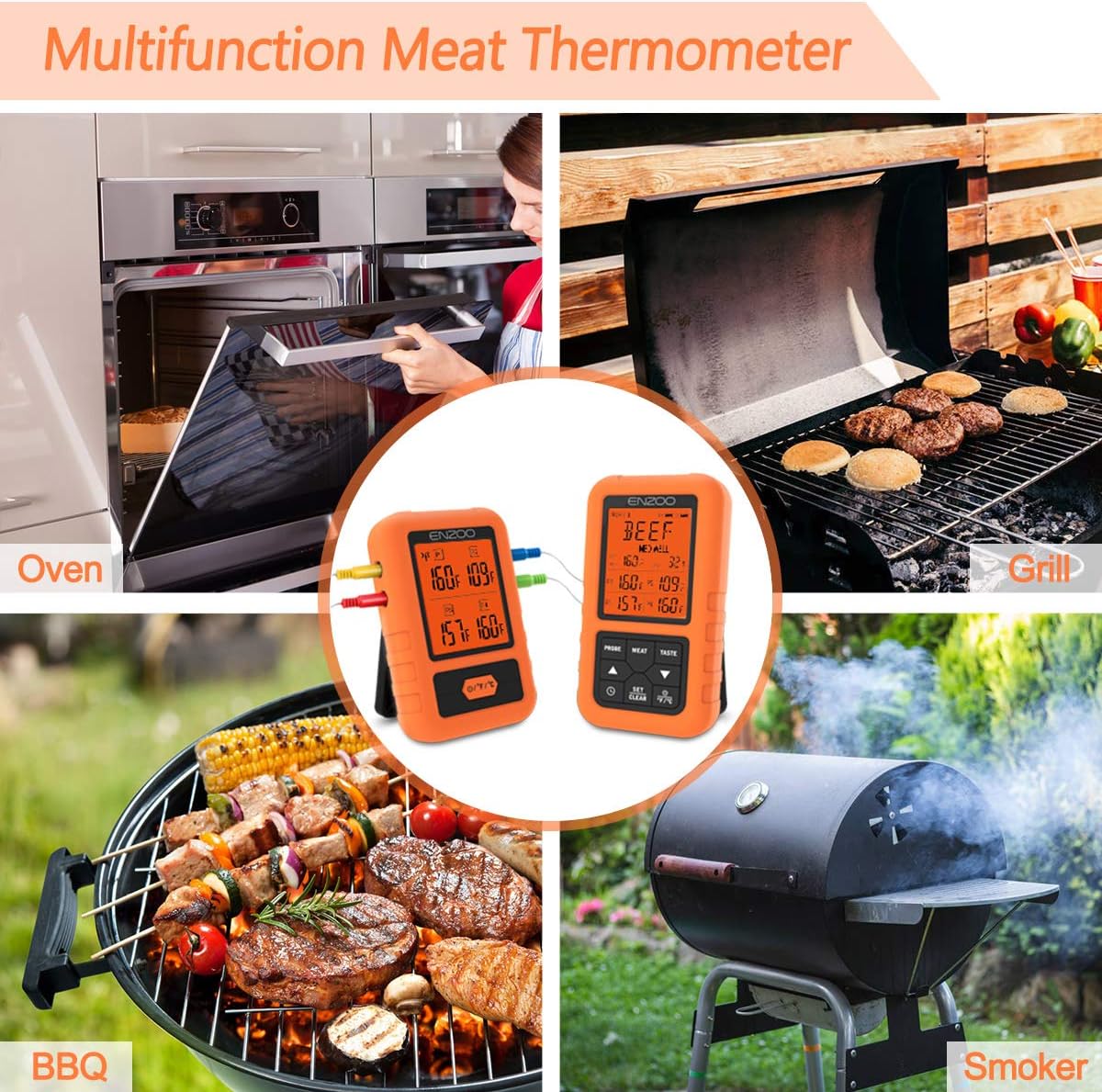 ENZOO Wireless Meat Thermometer for Grilling, Ultra Accurate & Fast Digital Meat Thermometer for Smoking with 4 Probes, 500FT 178° WideView Meat Thermometer for Smoker, BBQ, Carring Case Included: Industrial & Scientific