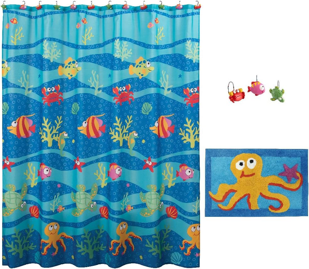 Allure Home Creation Shower Curtain Set,Fish Tails Shower Curtain with 12 Hooks and Rug Mat,Set for Kids,70x72 Inches Colorful Fabric.