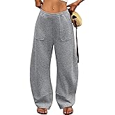 ELLEVEN Womens Fleece Lined Barrel Sweatpants – Low Rise Thermal Lounge Pants, Baggy Wide Leg with Large Pockets