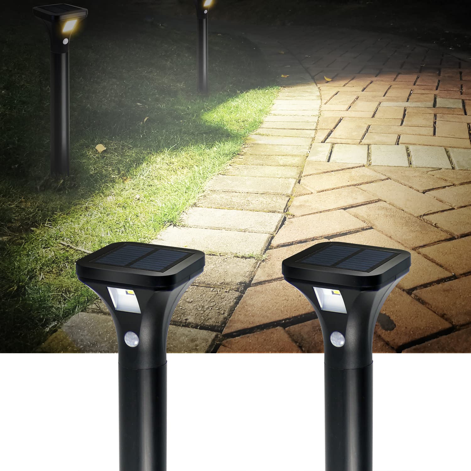 Photo 1 of AURAXY LED Solar Powered Motion Sensor Pathway Lights, Battery Powered Outdoor Waterproof Motion Detector Walkway Light, Use for Your House's Yard Backyard Driveway Sidewalk Path Garden etc.(2 Pack)