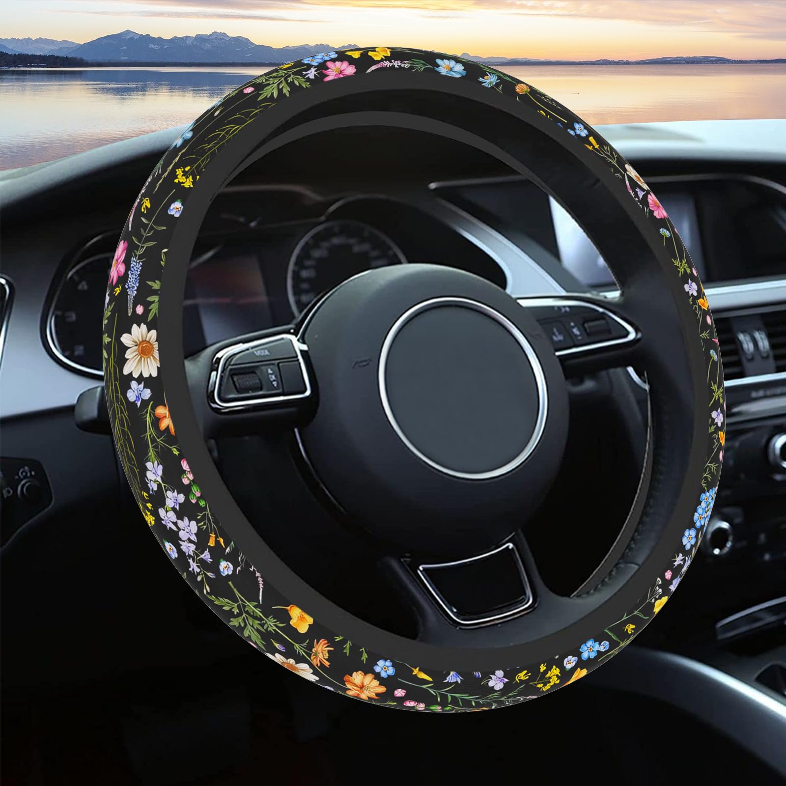 Photo 1 of Car Steering Wheel Cover for Women Men, Non-Slip Breathable Steering Wheel, Wildflower Steering Wheel Protector, Car Accessories, Universal 14" 02/2-15" Fit Auto, Suvs