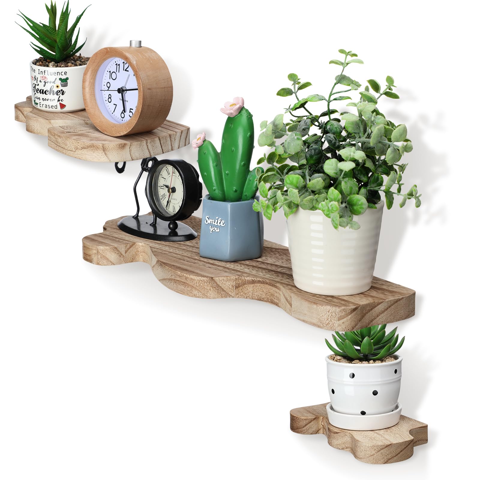 Photo 1 of Suzile Set of 3 Small Rustic Wave Edge Floating Shelf 3 Size Live Edge Wooden Shelf with Metal Bracket Wall Mounted Display Ledge Shelves Farmhouse Vintage Wall Decor for Living Room Bedroom (Walnut)