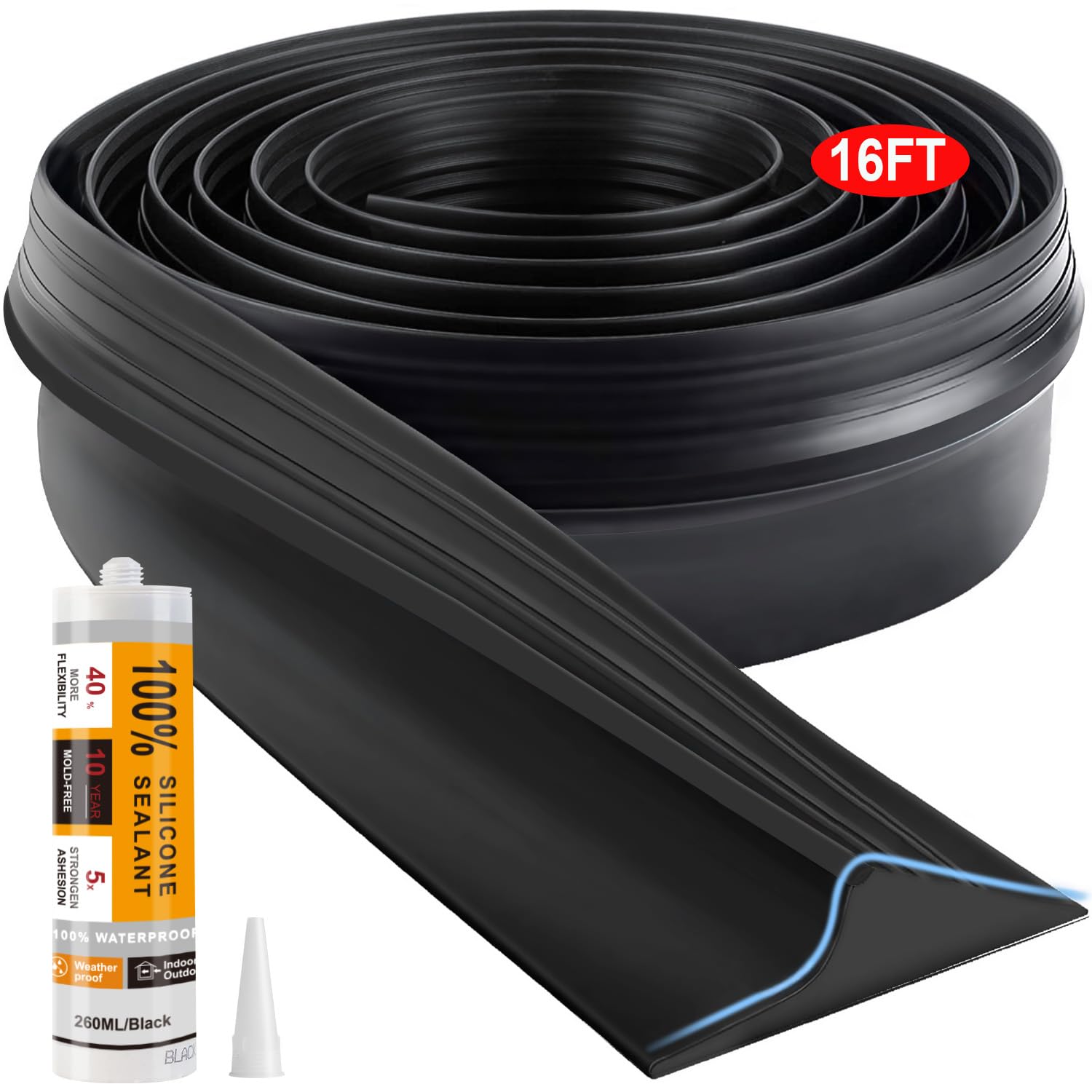 Jin&Bao Garage Door Threshold Seal – 20FT Weather Stripping With Blue Safety Strip, Waterproof Floor Seal (Includes 2 Sealants)