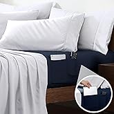 Cathay Home TwinXL Double-Sided Organizer Pocket Fitted Smart Sheet - Double Brushed Ultra Soft – Wrinkle & Fade Resistant - 14" Deep Pocket Fitted Sheet Only (TwinXL, Navy)