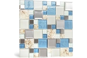 Blujellyfish Blue Sea Glass Tile Backsplash Beach Style Mosaic Tiles Real Seashell Inside (Pack of 5 Sheets)