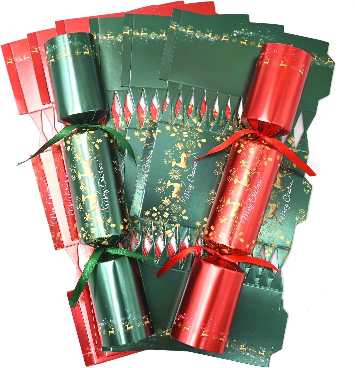 Gyoungt 10 Pack Deer Chritmas Crackers, 10 Hats 20 Strings 10 Jokes Green Red Christmas Party Game Tree and Foliage Designs Make Your Own Christmas Cracker DIY Cracker Festive Seasonal