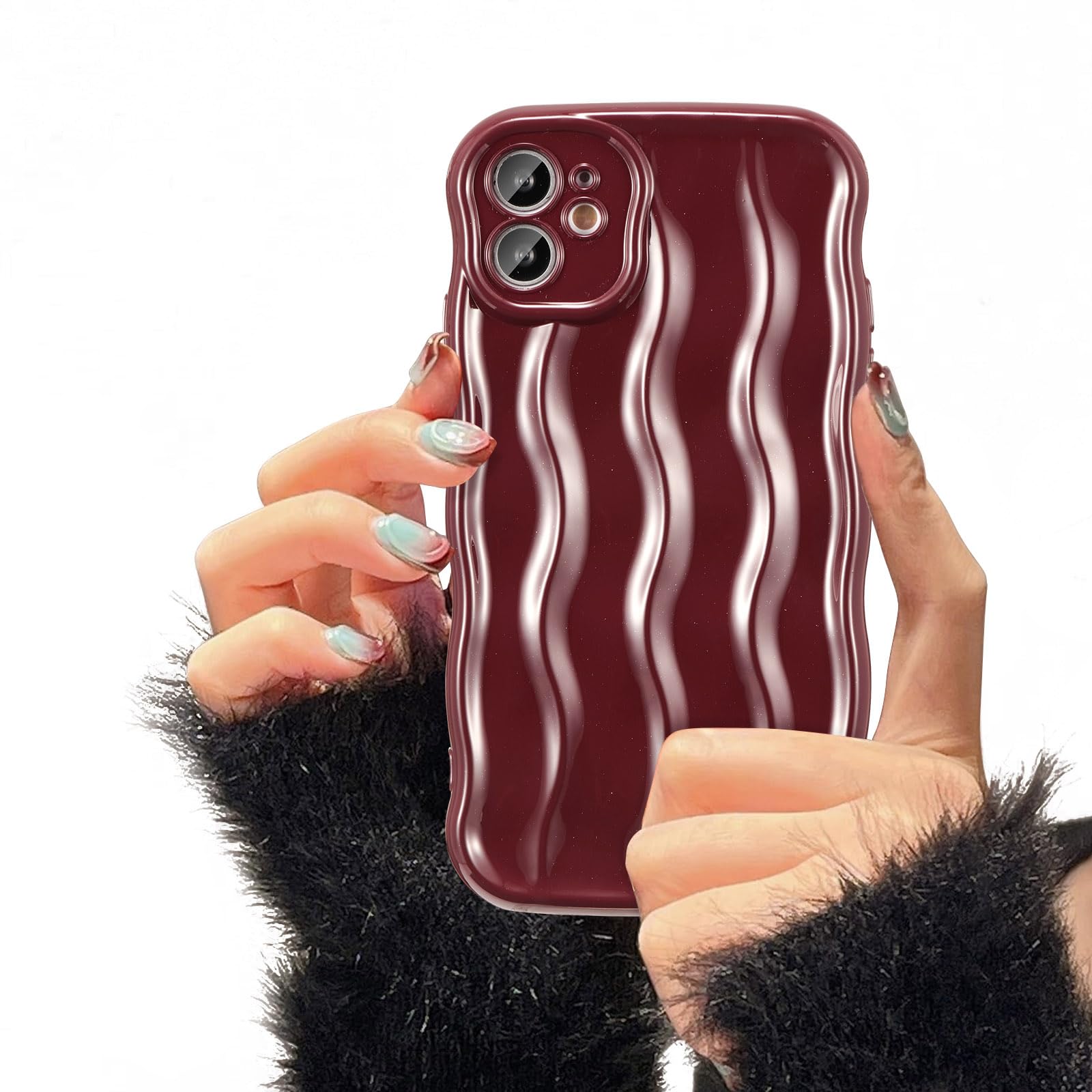 UEEBAI Water Ripple Pattern Curly Phone Case for iPhone 11 6.1 inch, Stylish Pretty Cute Wave Frame Soft Case 3D Protective Cover Shockproof Case for Women Girls Slim Case - Wine Red