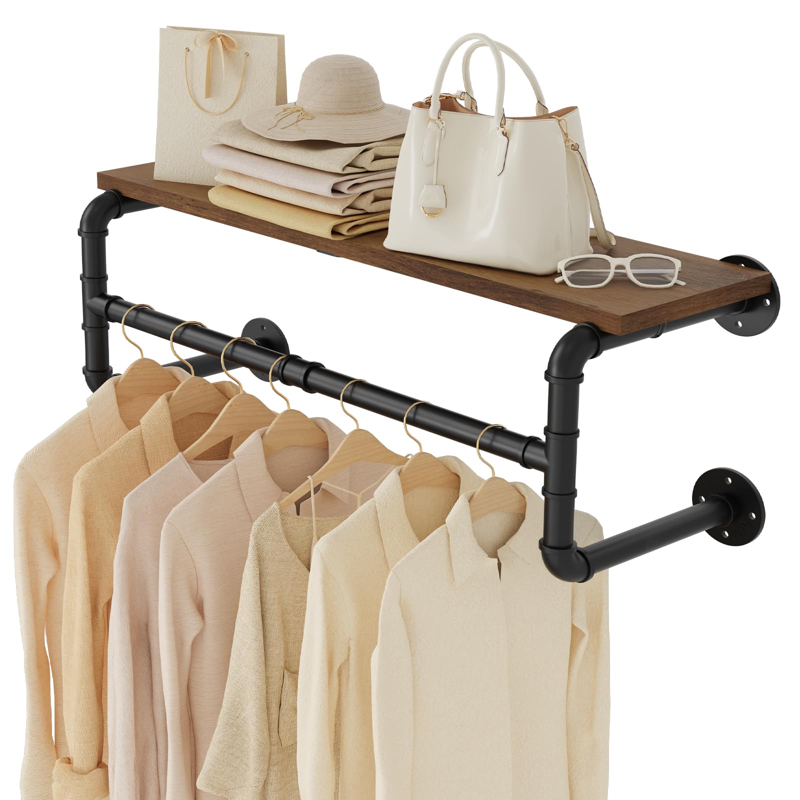 Photo 1 of Yawinhe Industrial Pipe Clothes Rack with Top Shelf, Wall Mounted, Space Saving Hanger with 4 Bases, for Shops, Homes, 27.5''Lx10.2''Wx10.2''H, Rustic Brown, 1-Pack