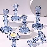 Simeitol Blue Candlestick Holders Set of 6, Taper Candle Holders, 4.3" H & 6.3" H Glass Candle Holder for Candlesticks & Pillar Candles, Candle Holder for Table Centerpieces and Wedding Decor