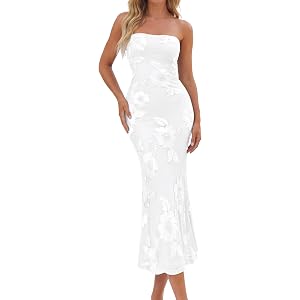PRETTYGARDEN Women's Summer Wedding Guest Floral Midi Dress | Strapless Tube Top, Side Slit, Bodycon Mesh, Elegant Cocktail D
