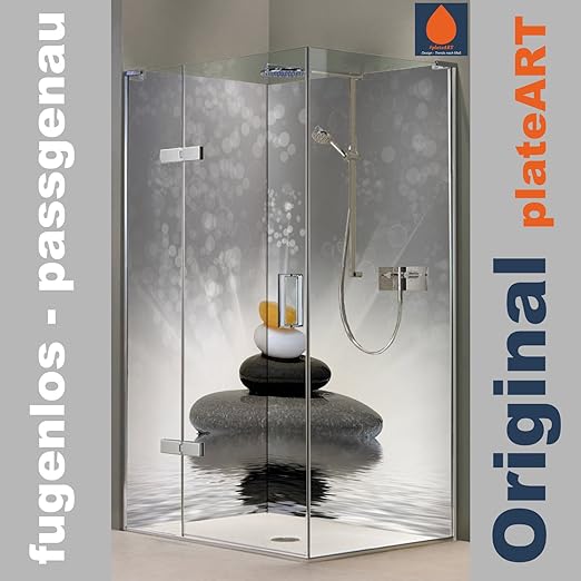 ORIGINAL plateART Eck-Duschrückwand, Wandverkleidung, Wandbild, Rückwand Alu-Dibond OHNE FUGEN, Fliesenersatz, Zen-Motiv Stei