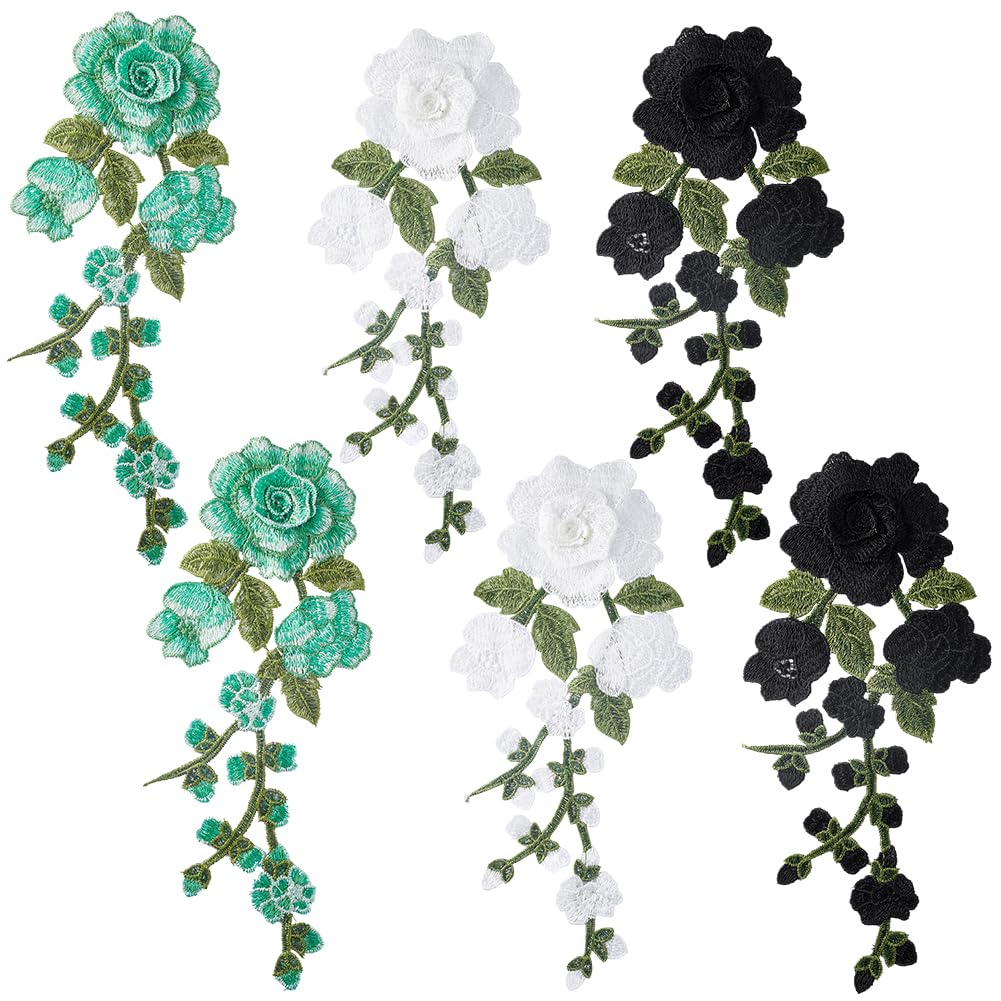 GORGECRAFT 6Pcs 3 Colors Flowers Embroidery Patch Sticker Rose Lace Fabric Sewing Floral Leaves Patches Trim Applique for Women Bridal Wedding Sewing Trimming Dress Clothes DIY Patches