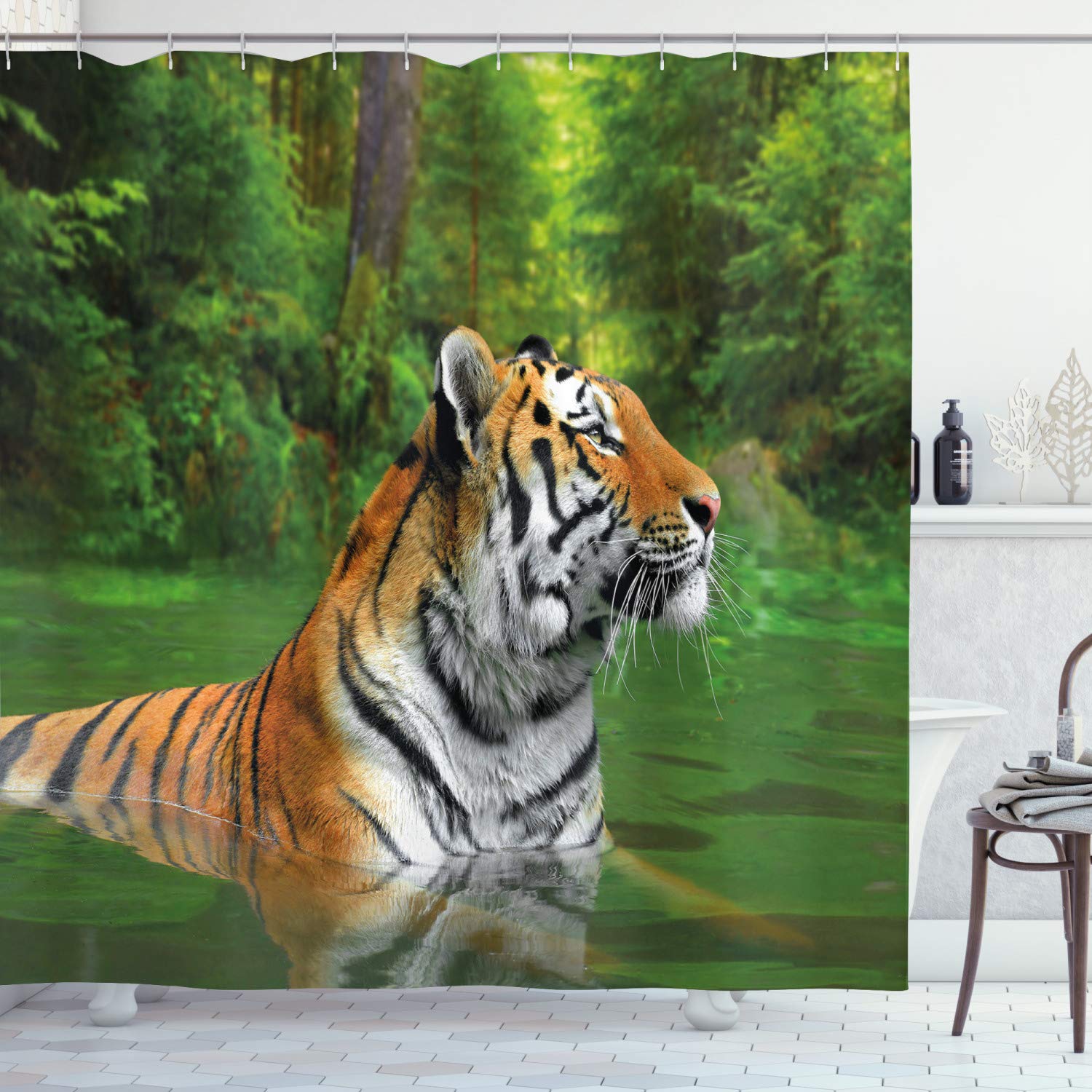 ABAKUHAUS Tiger Shower Curtain, Black Striped Large Cat from Siberia Swimming in The Lake in The Forest, Fabric Bathroom Decor Set with Hooks, 78" Inches, Light brown Fern green