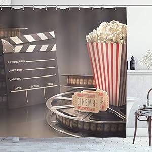Ambesonne Movie Theater Shower Curtain, Old Fashion Entertainment Objects Related to Cinema Film Reel Motion Picture, Cloth Fabric Bathroom Decor Set with Hooks, 70