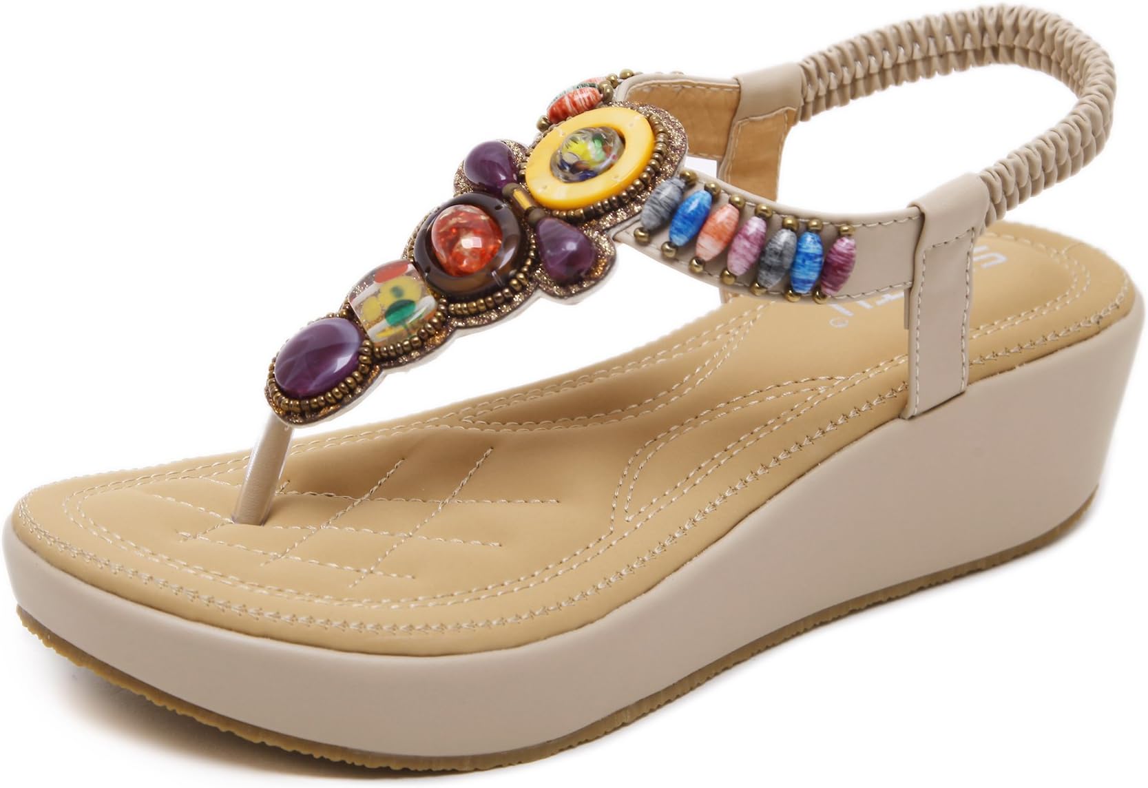 Huagmei Womens Wedge Sandals Platform Beaded Slingback Bohemia Summer Sandal