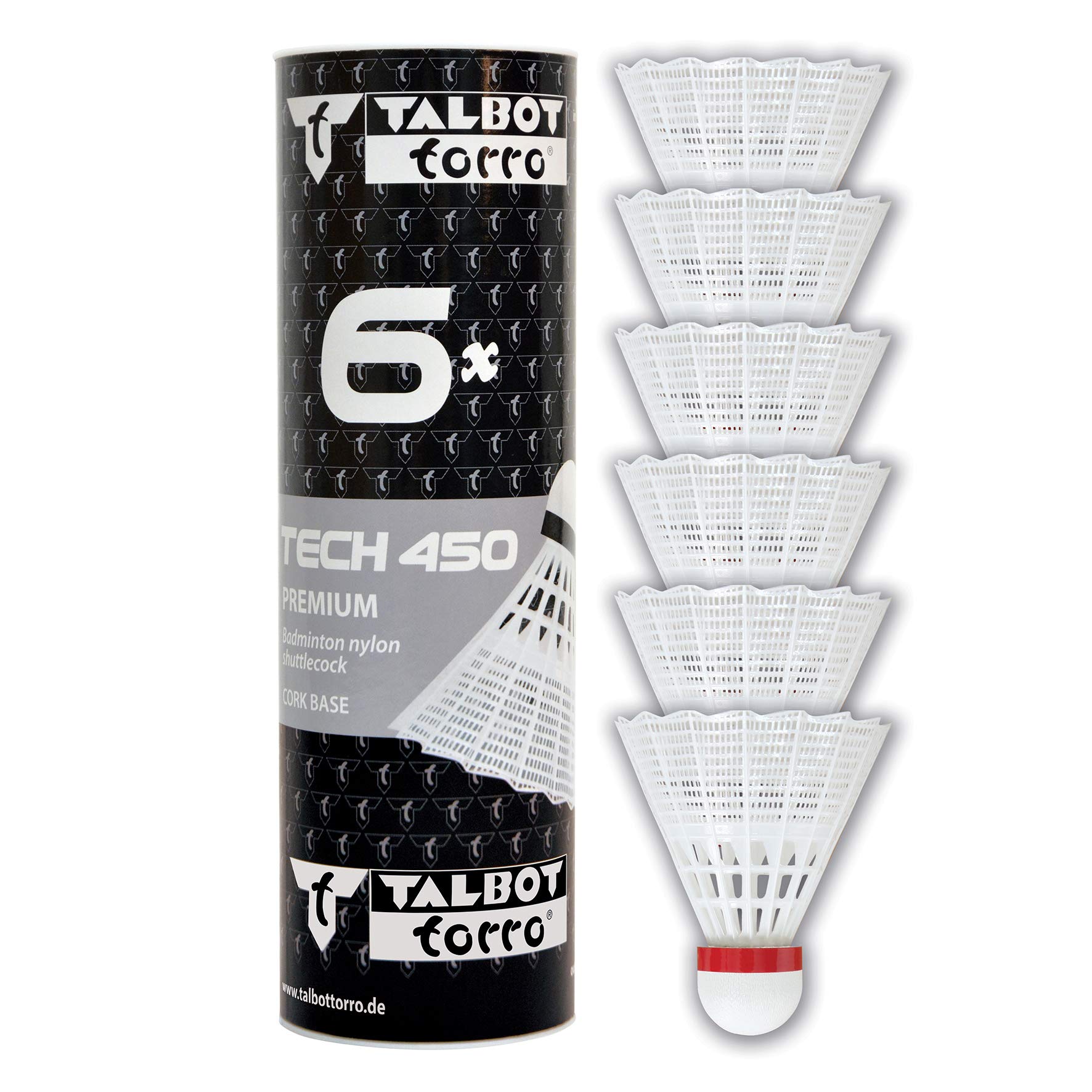 Talbot-Torro Badminton Shuttlecocks Tech 450, 6 Pieces, White, Speed: Blue/Medium, in Premium Nylon, 469182