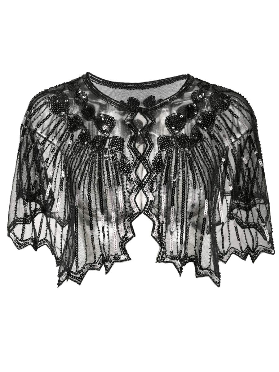 1920s black shawl gatsby bolero sequin cape shrug wrap for women ladies flapper art deco vintage dress costume (Black, One Size)