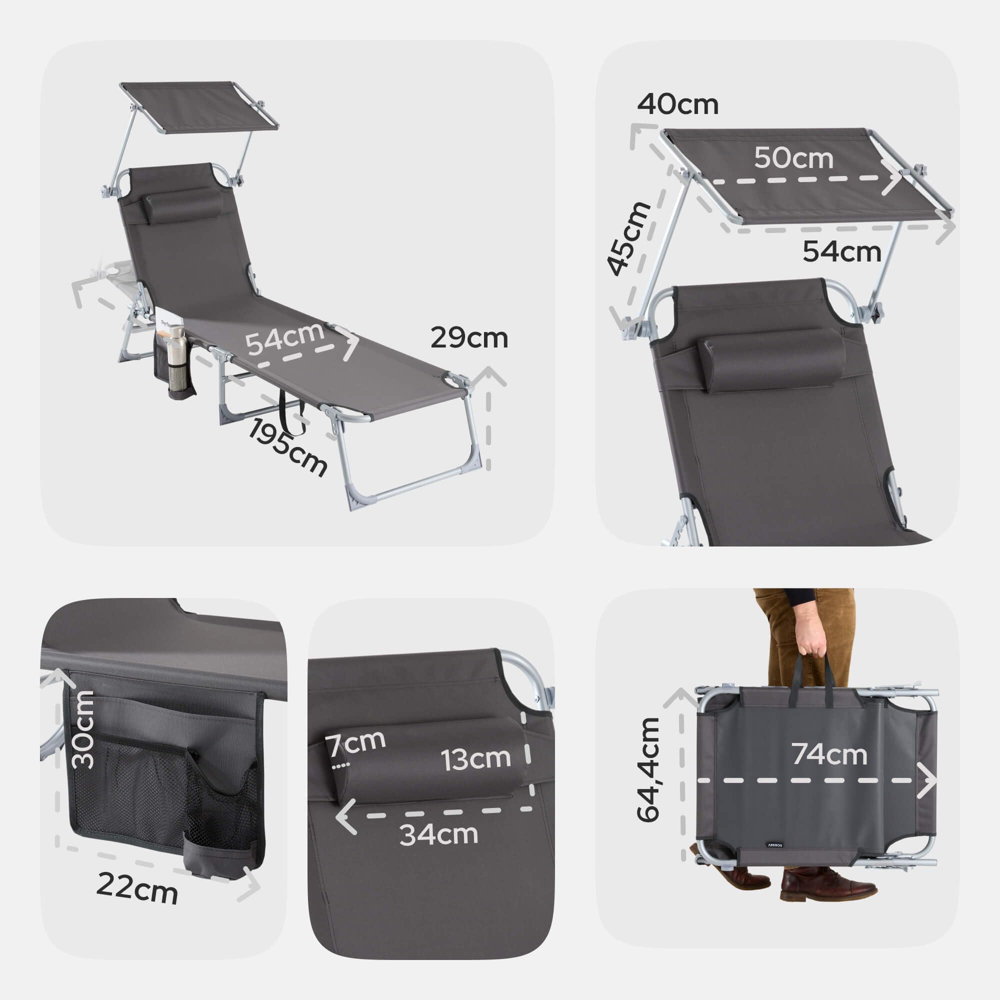 Arebos Sonnenliege & Liegestuhl klappbar mit Sonnendach | Gartenliege, Campingliege & Strandliege | Kopfkissen & Seitentasche | 4-Fach verstellbar | Relaxliege faltbar | bis 120 kg | Anthrazit 9