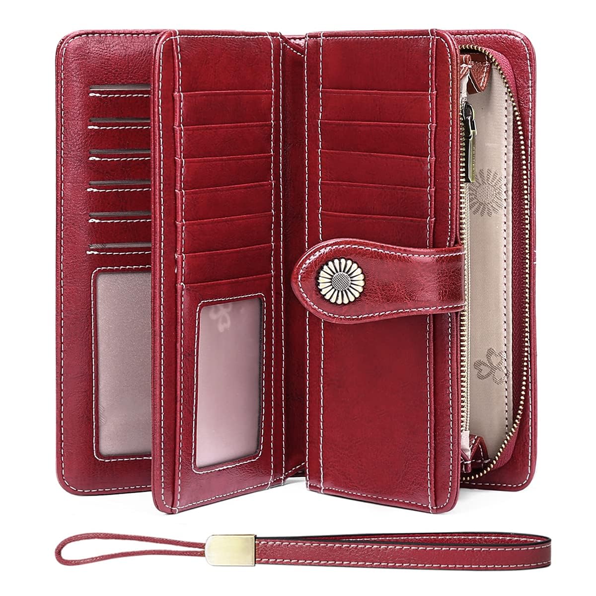 SENDEFN Leather Purses for Women, RFID Large Ladies Purse, Wallet for Women with Wrist Strap Wine Red