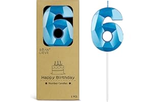 BEAN LIEVE 2.76 Inch Blue Number Candles 6 - Diamond Birthday Cake Candles with Metallic Finish for Party, Anniversary, Gradu