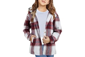 TYMIDY Girls Cute Flannel Plaid Button Down Top with Pockets Long Sleeve Hooded Jacket