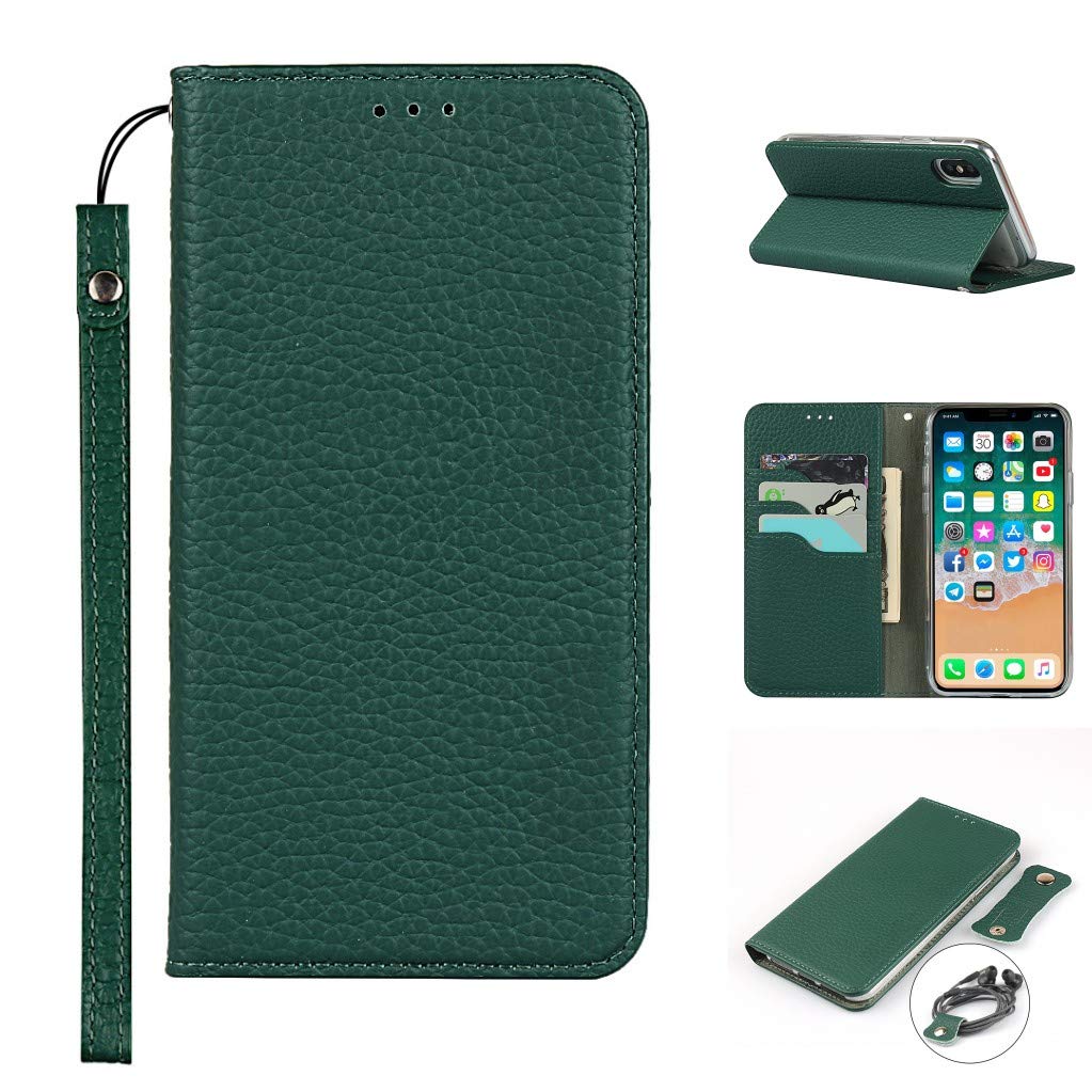 Copmob iPhone X Case,iPhone XS Case,Genuine Leather Flip Wallet Case,[3 Card Holders][Magnetic][RFID-Blocking],Protective Phone Case Cover for iPhone X/XS - Dark Green