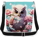 LiuenMgg Floral Owl Print Canvas Crossbody Bag, Adjustable Strap Lightweight Purse with Top Zipper & Inner Pocket, Daily Shoulder Bag Gift for Women