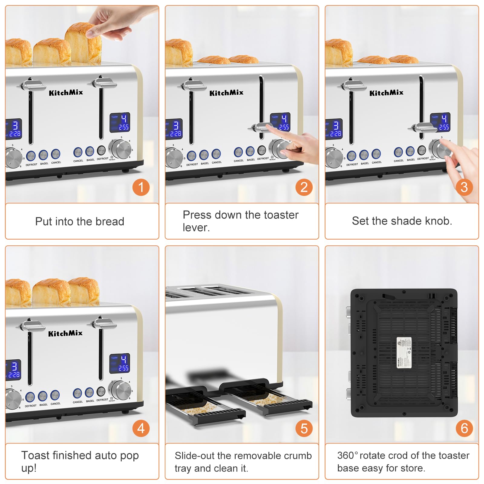 Tostadora de 4 rebanadas, Tostadora KitchMix Bagel de acero inoxidable con temporizador LCD, ranuras extra anchas, pantalla doble, bandeja para migas extraíble (crema)