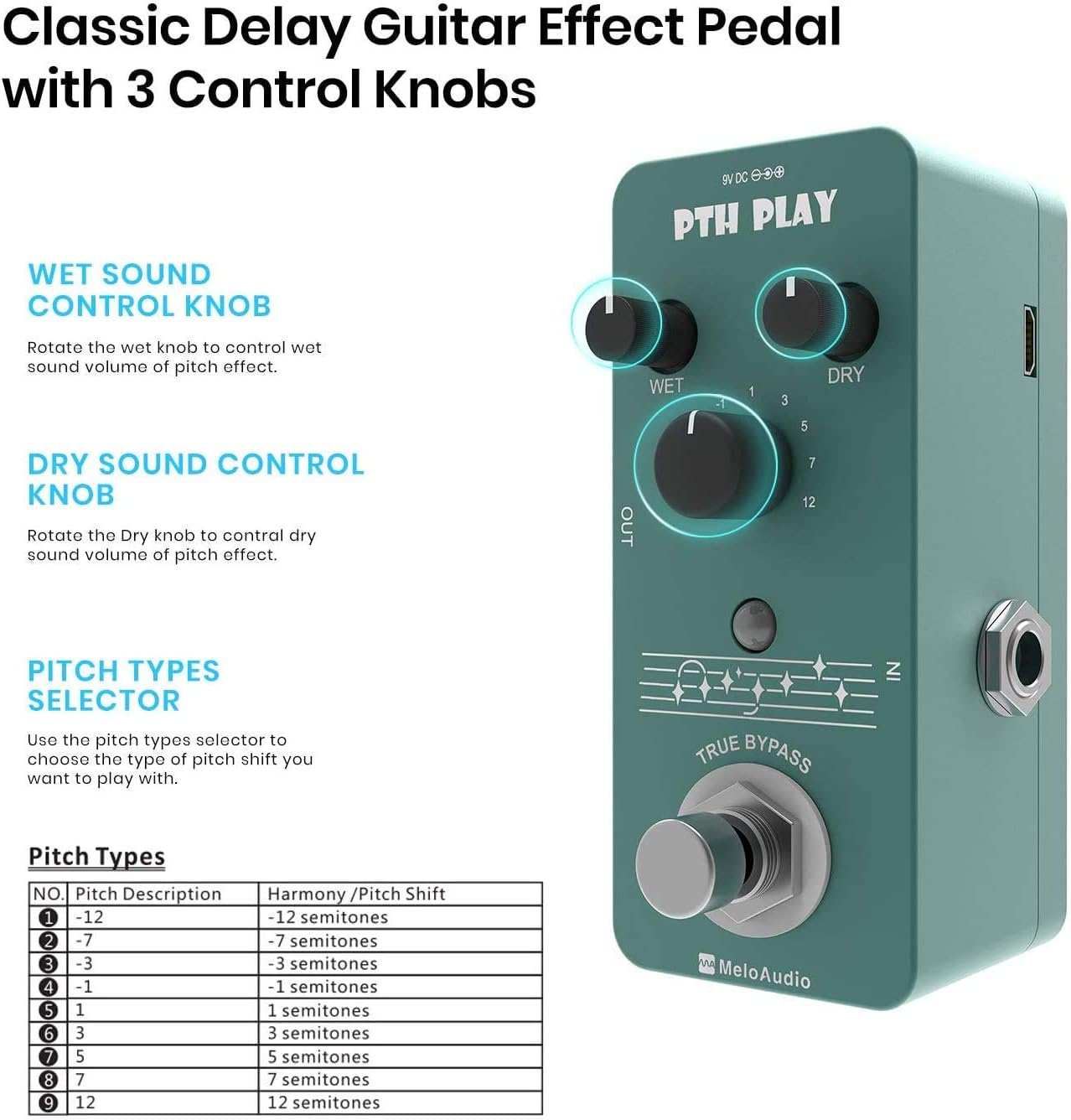 MeloAudio Tone Shifter Digital Pitch Pedal Guitar Effect Pedal with 9