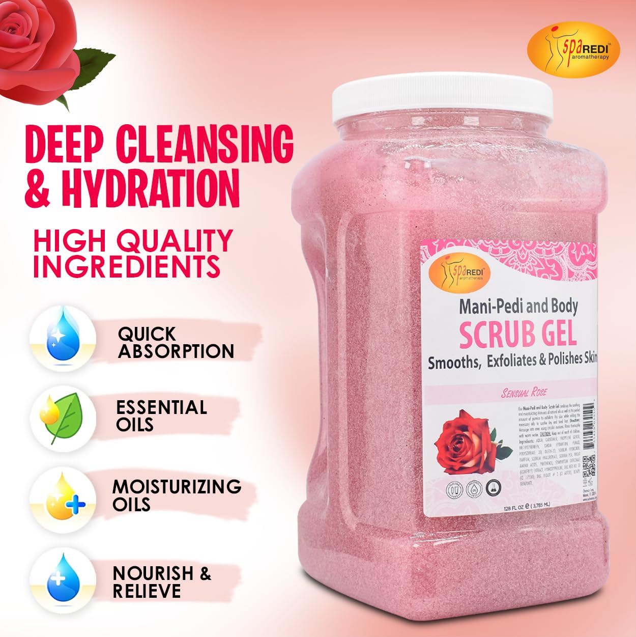 SPA REDI – Sensual Rose Pumice Scrub Gel, Exfoliating, Hydrating & Nourishing, Infused with Hyaluronic Acid, Amino Acids, Panthenol and Comfrey Extract for Glowy Smooth Skin – 128oz Gallon