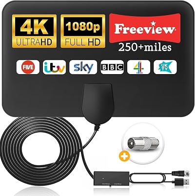 Amazqi Indoor Amplified TV Aerial 4K 1080p 250+ Miles 360° Reception Freeview