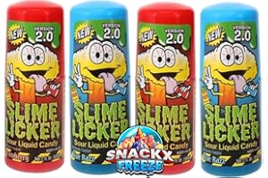 SNACKX FREEZE Slime Lickers Sour Liquid Candy, 2.0 with Snackx Sticker Set of 4, 2 fl oz each, Strawberry and Blue Razz