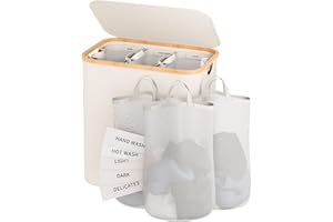 BATHOLA Laundry Hamper 3 Section, 145L Dirty Clothes Hamper with Lid, Extra Large Laundry Basket Organizer with Removable Inner Bags & Labels for Laundry Room, Bedroom, Beige