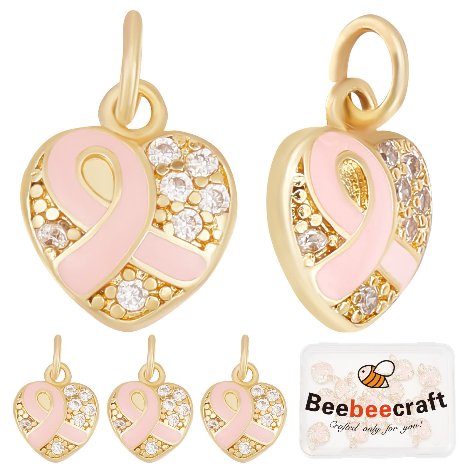 Beebeecraft 1 Box 15Pcs Heart Pink Ribbon Charms 18K Gold Plated Brass Breast Cancer Awareness Cubic Zirconia Pendants Charm with Jump Ring for DIY Jewelry Craft Making Supplies
