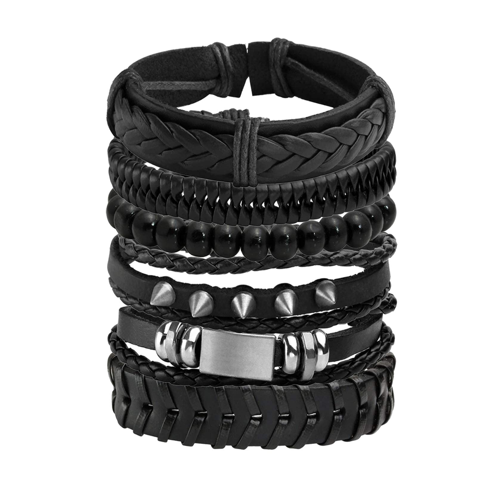 JJDreams 6-10 Pcs Leather Bracelets Set for Women Men Braided Wooden Beads Wrap Cuff Cord Adjustable